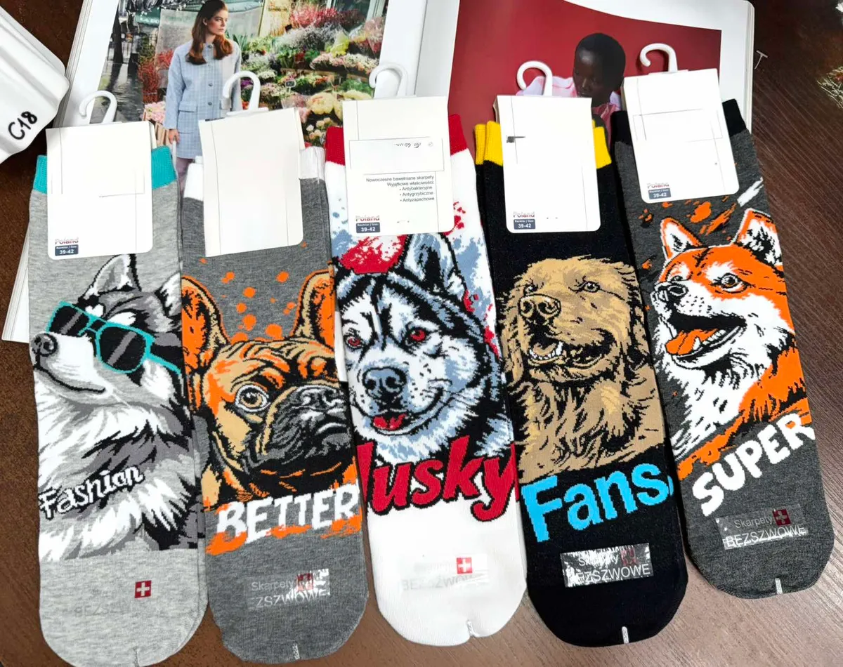 kolorowe skarpety z motywami psów husky, buldog, lis, wilk, bezszwowe rozmiar 39-42