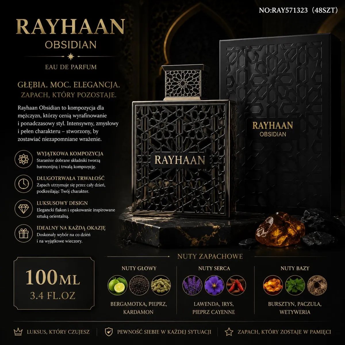 czarny flakon perfum Rayhaan Obsidian z ażurowym wzorem i eleganckie opakowanie