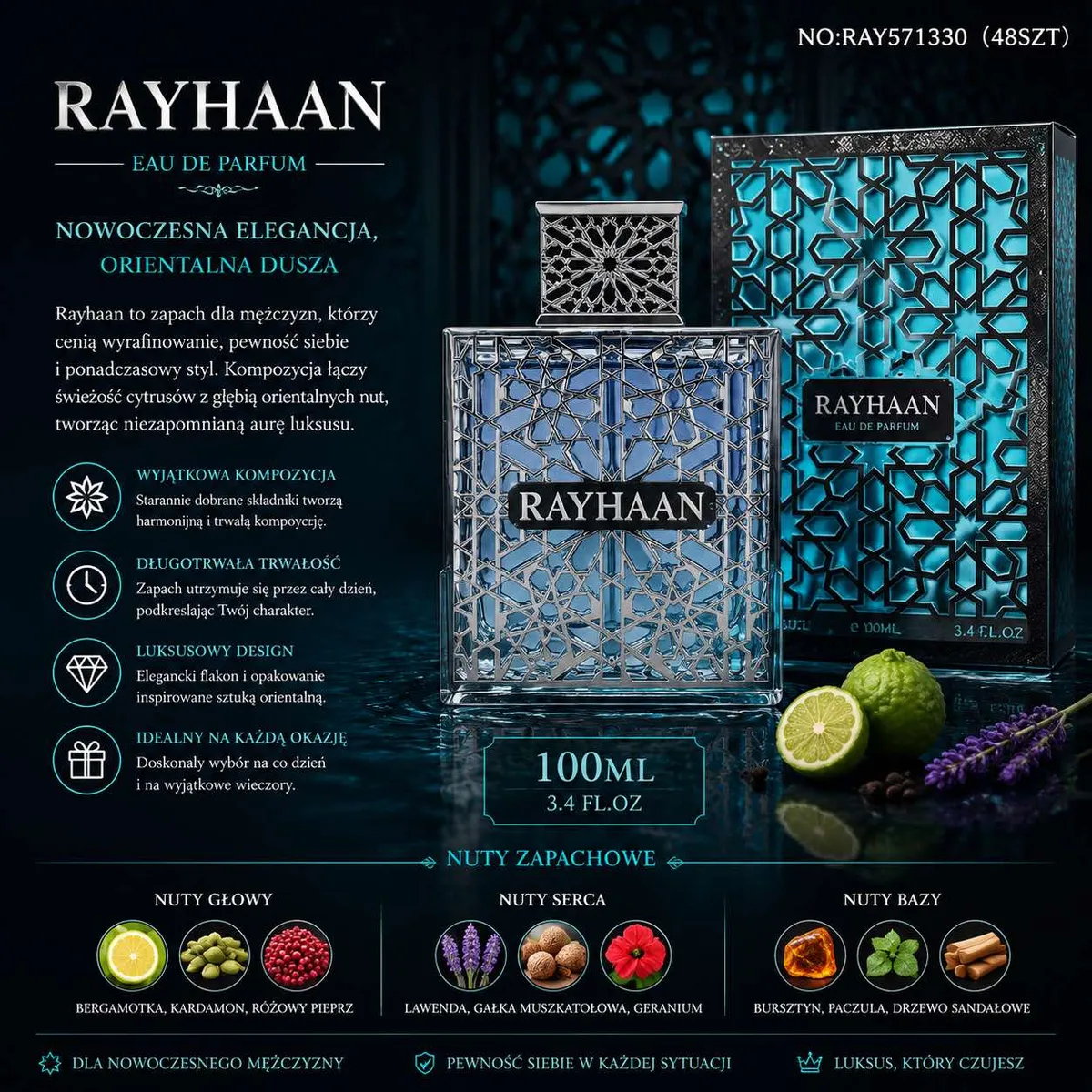 Flakon perfum Rayhaan 100 ml z ażurowym wzorem i turkusowo-czarnym opakowaniem