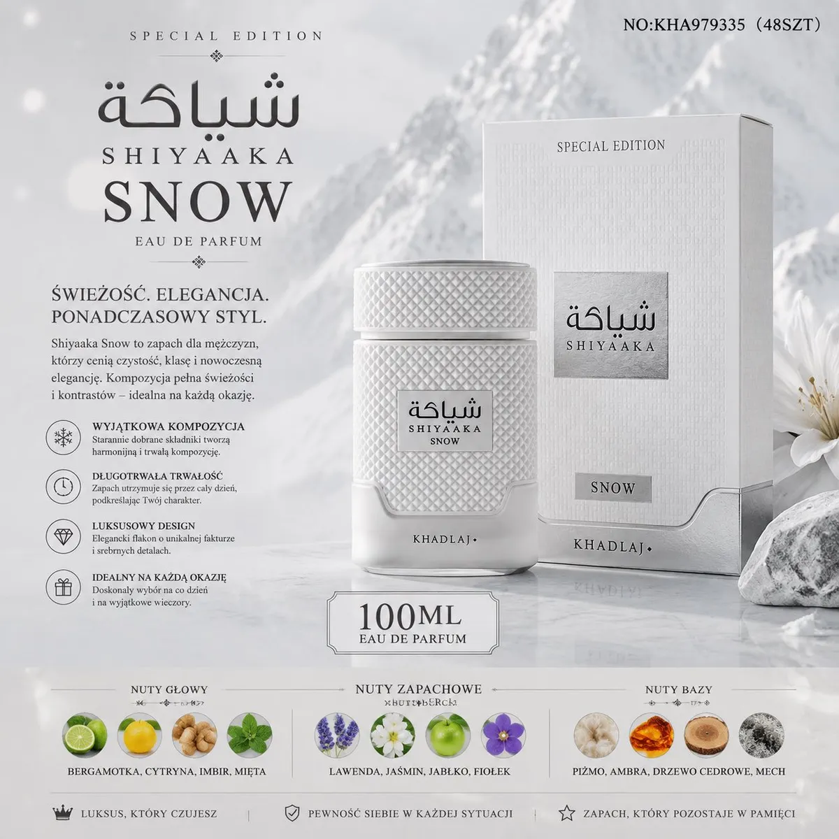 biały flakon i opakowanie perfum Shiyaaka Snow 100ml na tle gór i kwiatów