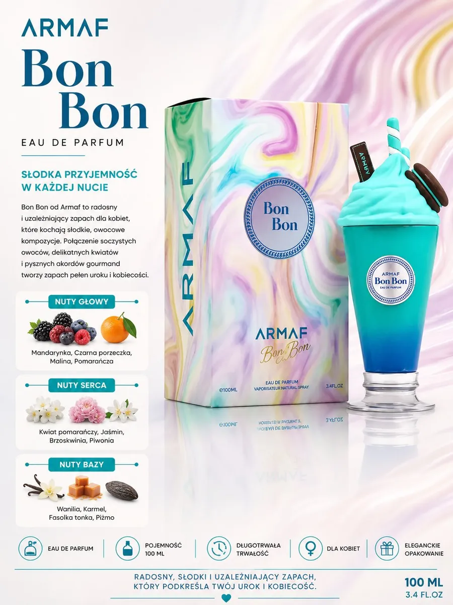Perfumy Armaf Bon Bon w flakonie przypominającym niebieski deser z ciasteczkiem i pastelowe opakowanie