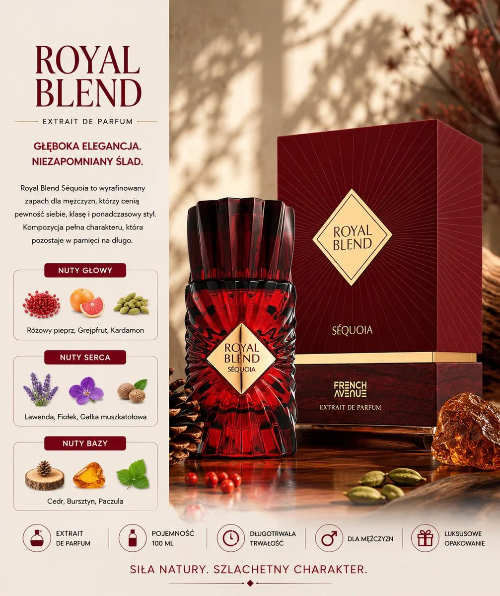 bordowy flakon perfum Royal Blend Séquoia z luksusowym opakowaniem i naturalnymi składnikami