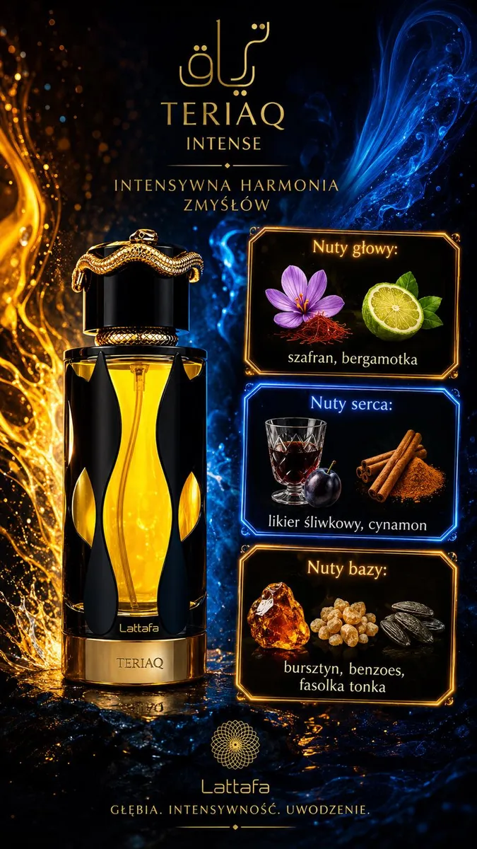 Butelka perfum Lattafa TERIAQ Intense 100ml z czarnymi i złotymi elementami oraz bursztynowym wnętrzem