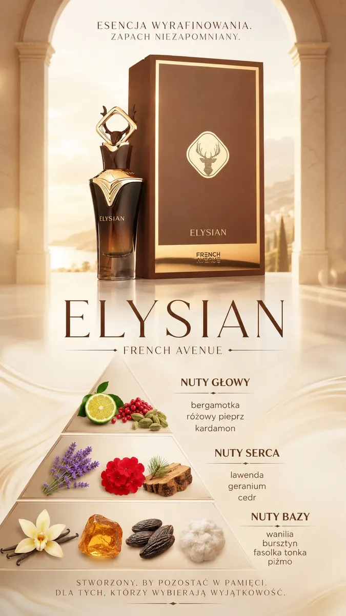 Flakon perfum Elysian French Avenue 100ml w brązowo-złotym opakowaniu z motywem poroża