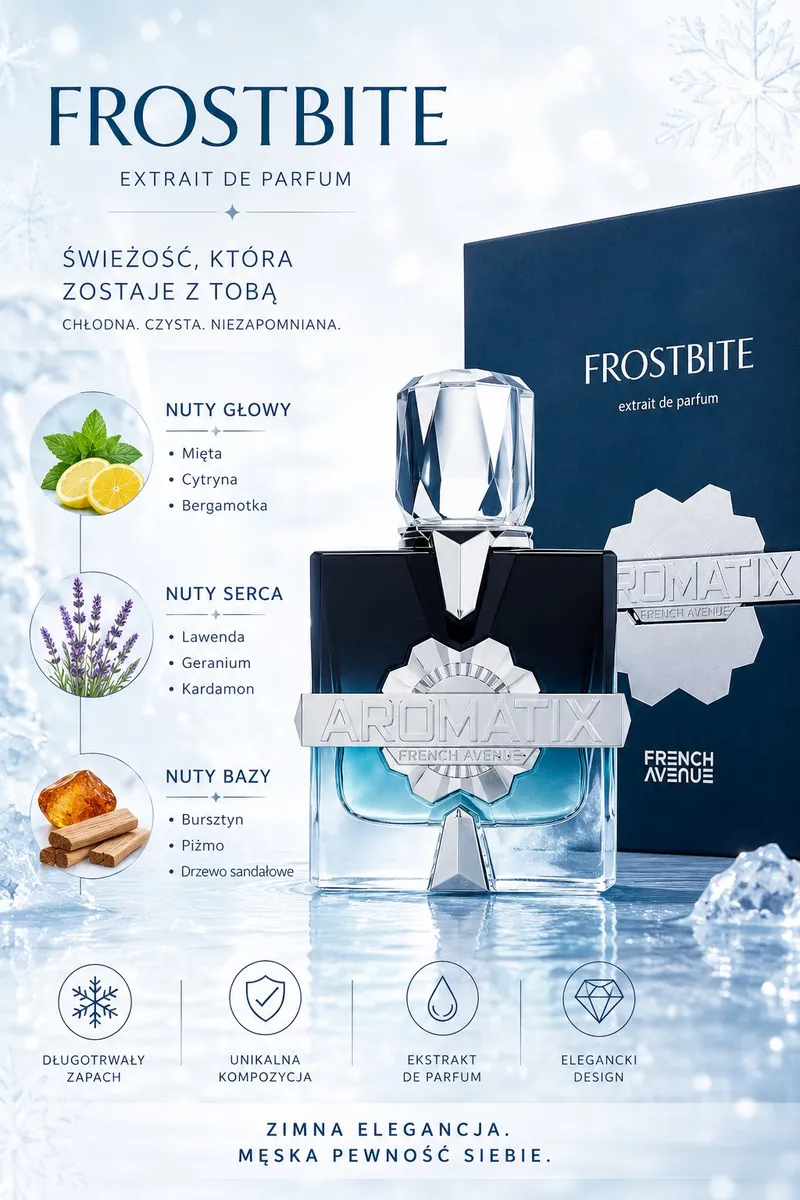 Butelka perfumu Frostbite AROMATIX French Avenue z granatowo-błękitnym szkłem i eleganckim korkiem na tle lodu