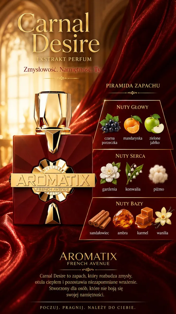 Butelka bordowych perfum Aromatix Carnal Desire z złotymi zdobieniami na tle czerwonego materiału