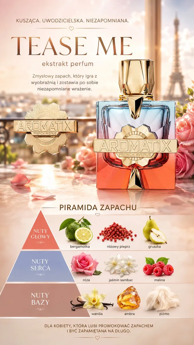 Butelka perfum Aromatix Tease Me z dwukolorowym szkłem i złotymi detalami na tle róż i Wieży Eiffla