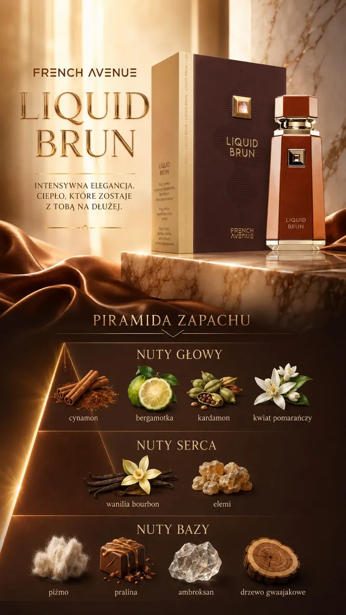 flakon perfum Liquid Brun brązowy z złotymi elementami i pudełko w odcieniach brązu na marmurowym blacie