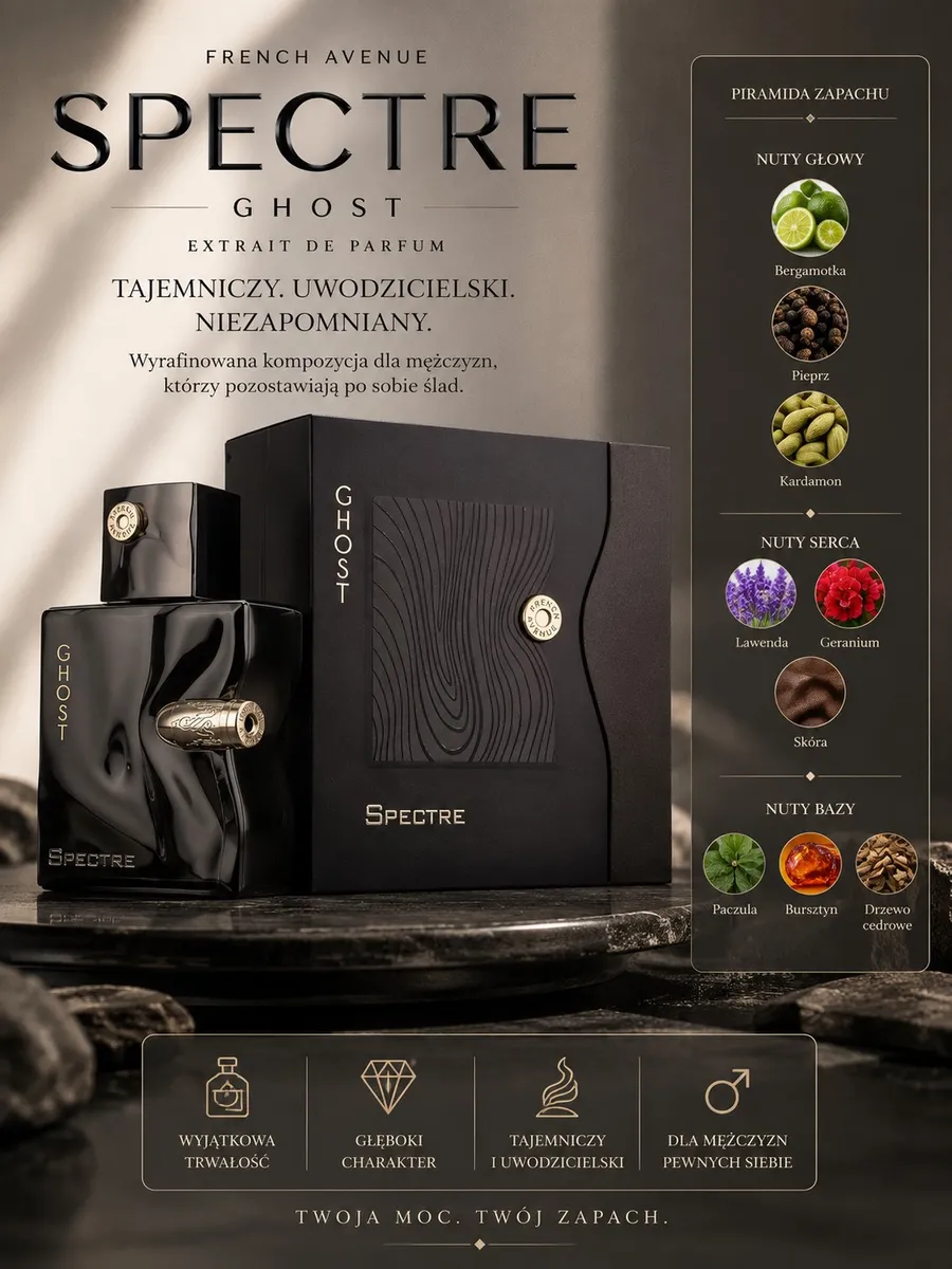 czarny flakon perfum Spectre Ghost 100ml z eleganckim opakowaniem i opisem nut zapachowych