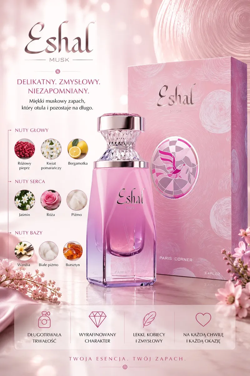 Butelka perfum Eshal Musk w różowo-fioletowym gradientowym flakonie z metaliczną zakrętką i różowym opakowaniem