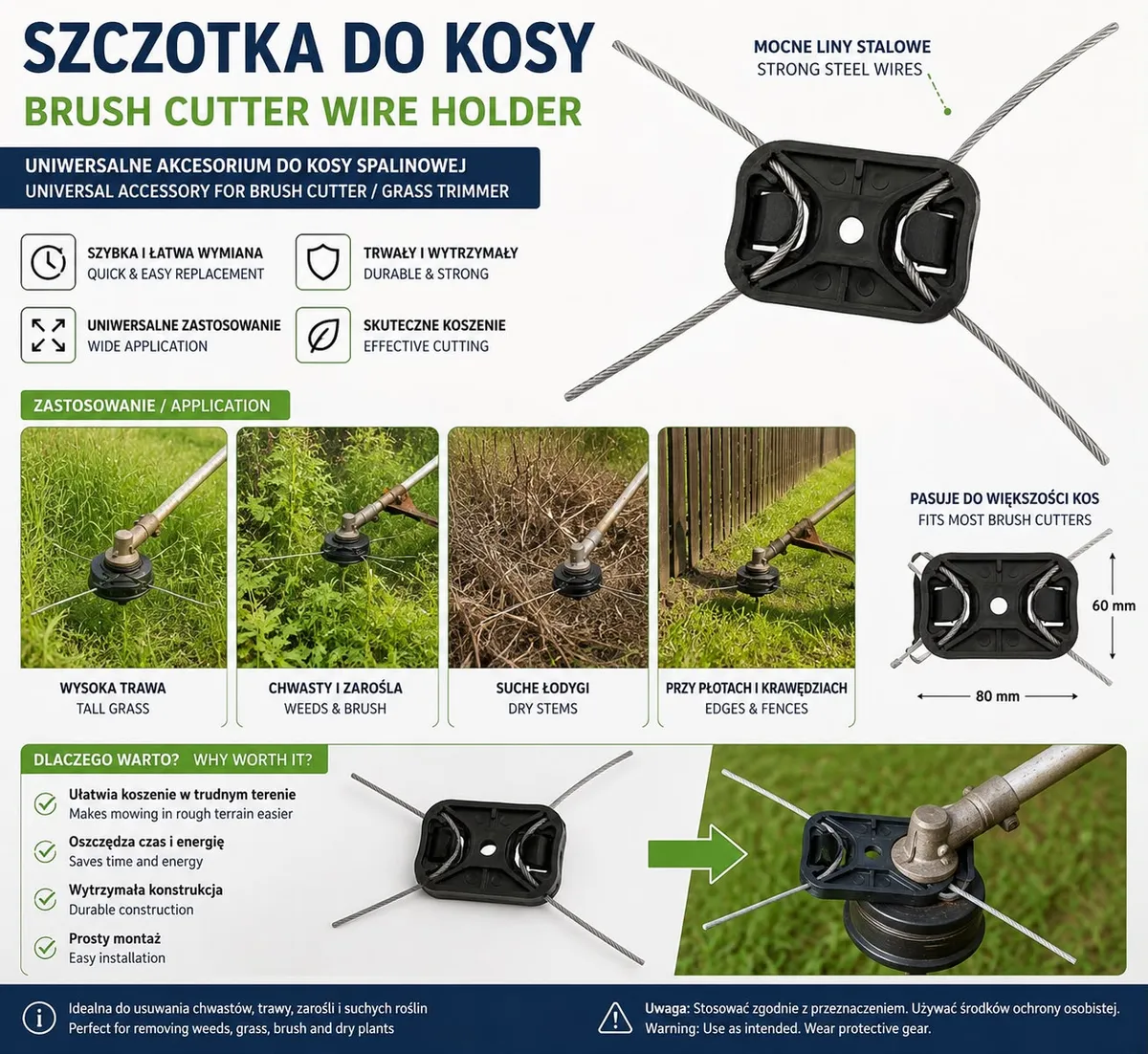 czarna szczotka druciana do kosy spalinowej z czterema stalowymi linkami na białym tle z opisem i zdjęciami zastosowania