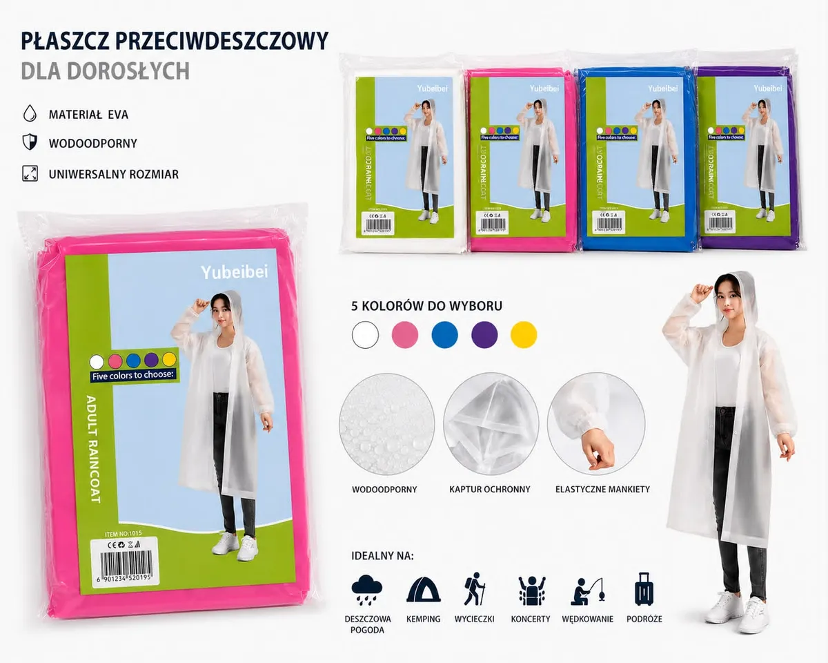 Przezroczysty płaszcz przeciwdeszczowy EVA z kapturem i elastycznymi mankietami, 5 kolorów opakowań
