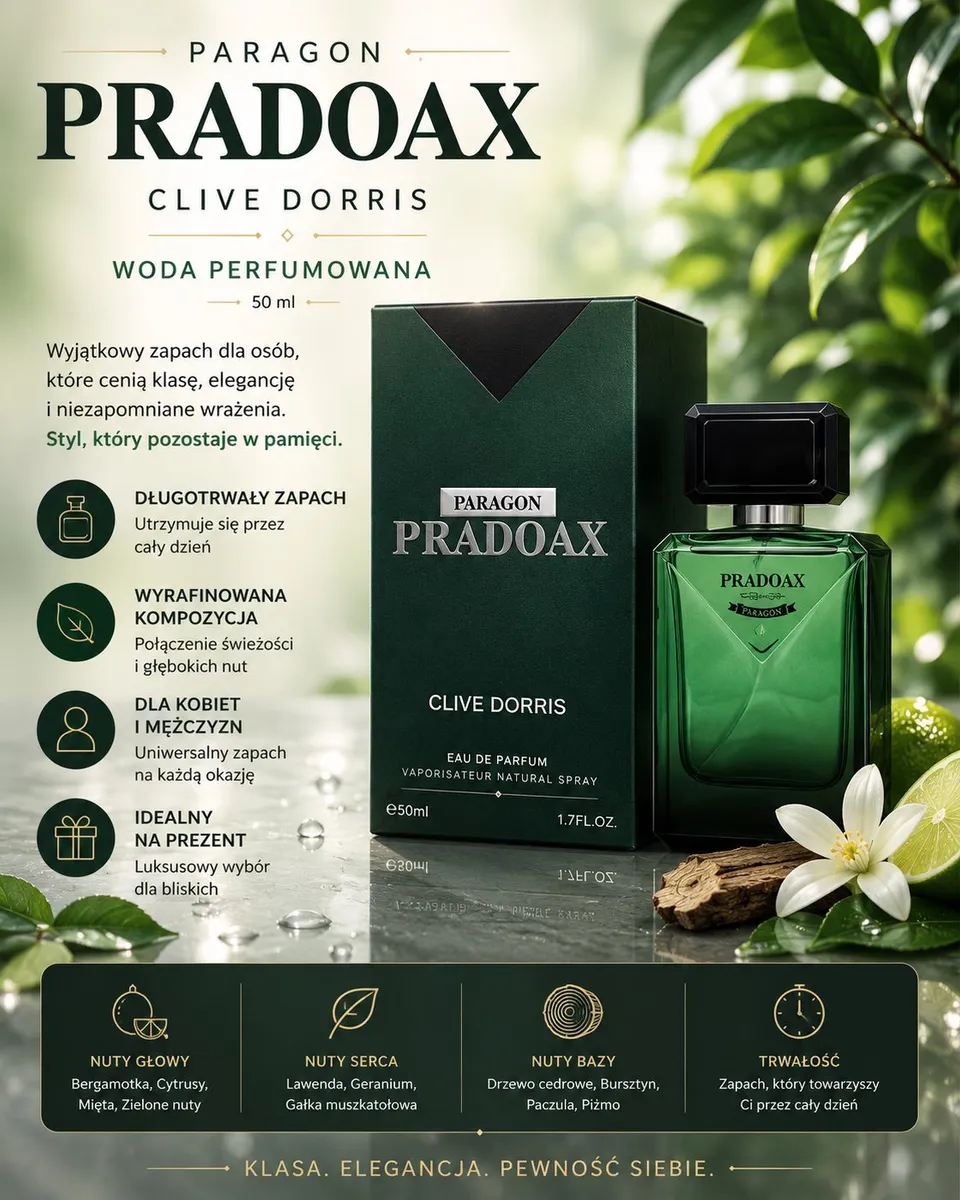 Butelka zielonej wody perfumowanej Pradoax Paragon Clive Dorris 50ml z czarną nakrętką i kartonowe opakowanie