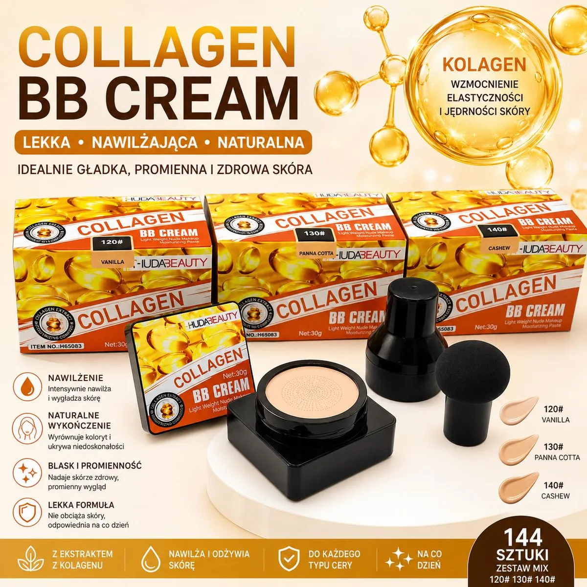 opakowania kremu BB HUDA BEAUTY Collagen w trzech odcieniach z aplikatorem i gąbką