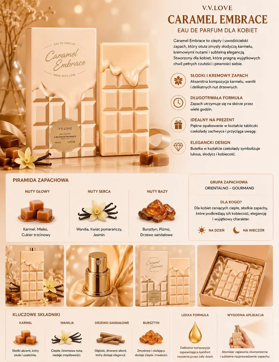 Perfumy Caramel Embrace 75ml w butelce kształtem przypominającej tabliczkę czekolady z kremowym opakowaniem