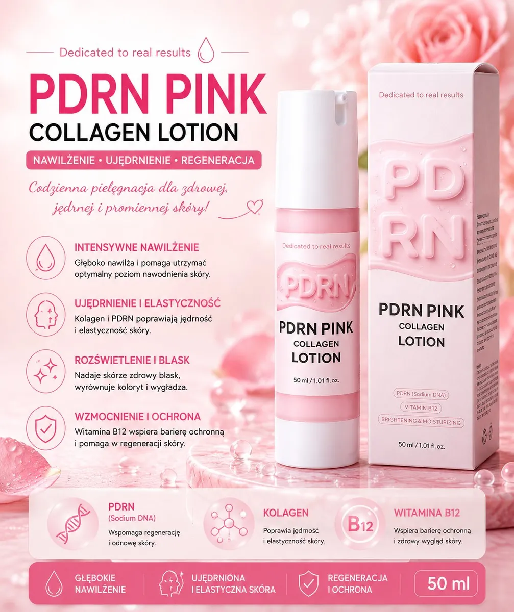 Różowy lotion do twarzy PDRN PINK Collagen Lotion 50 ml z pompką i opakowaniem w jasnoróżowym kolorze