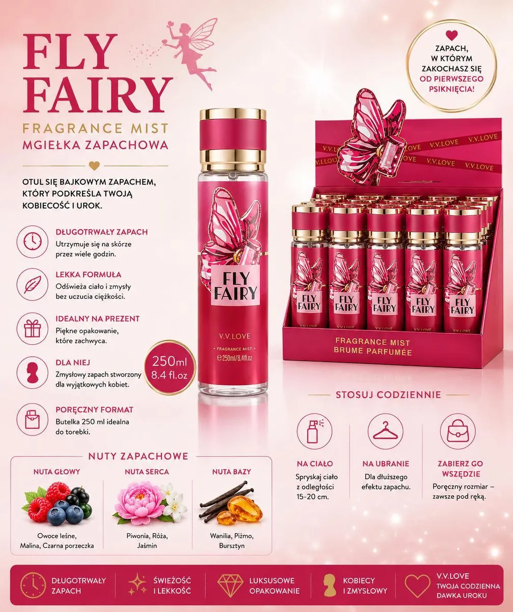 Butelka mgiełki do ciała Fly Fairy 250 ml różowo-złota z motylem i zestaw w opakowaniu ekspozycyjnym