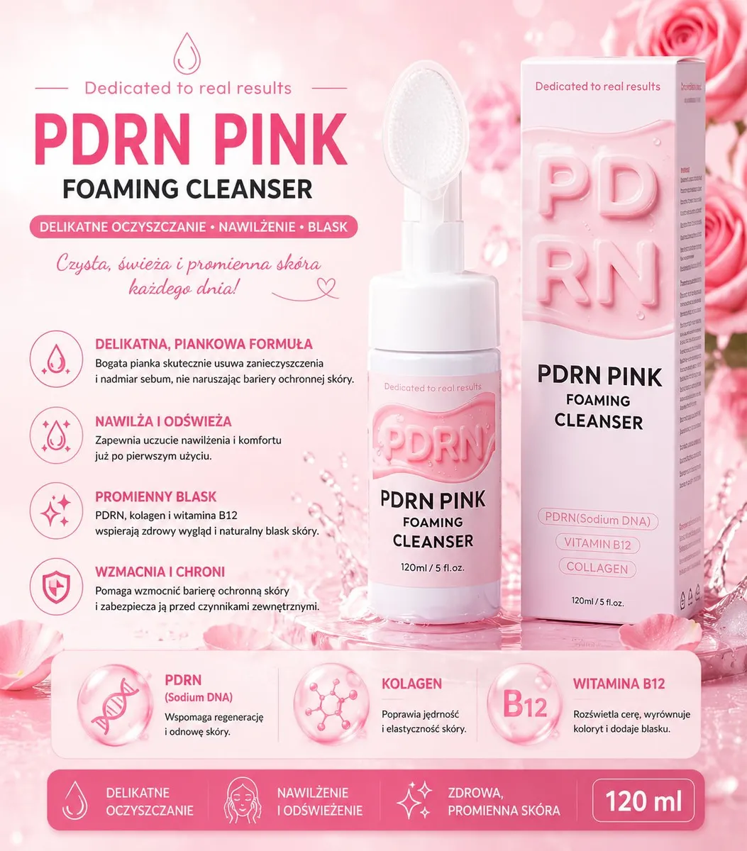 Butelka pianki oczyszczającej PDRN PINK z silikonową szczoteczką i różowe opakowanie