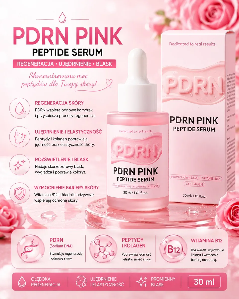 Różowe serum PDRN PINK Peptide Serum 30 ml z pipetą i opakowaniem na różowym tle z różami