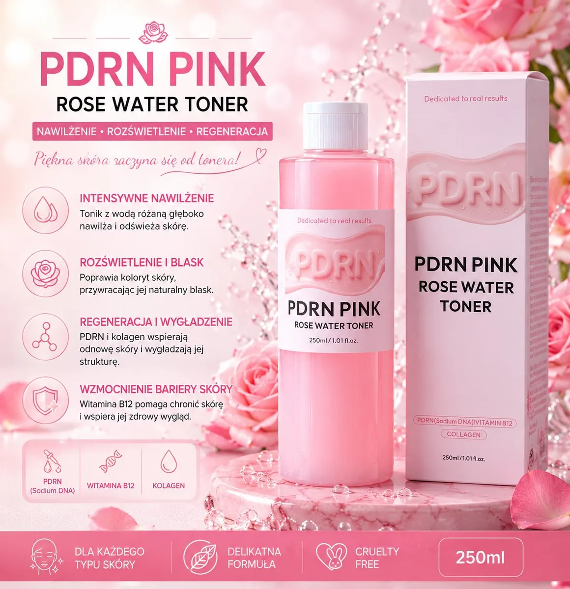Różowy tonik PDRN PINK Rose Water Toner 250 ml w plastikowej butelce z etykietą i opakowaniem na tle różowych róż