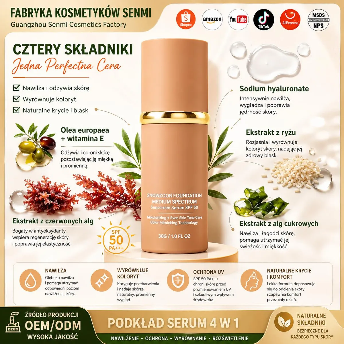 Beżowy podkład serum SPF 50 4w1 z naturalnym kryciem i składnikami pielęgnującymi na tle z roślinami i algami