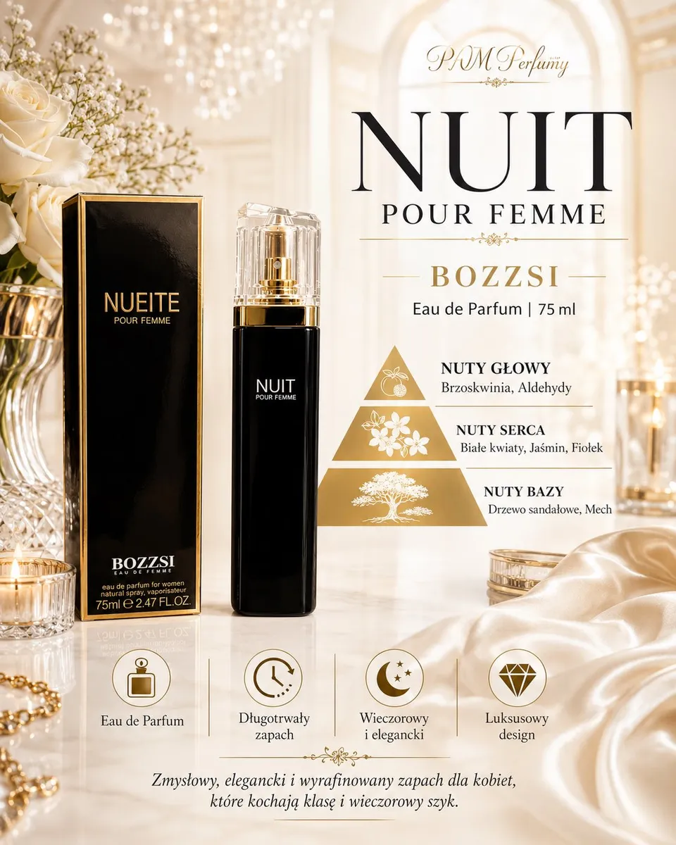 czarny flakon perfum Nuit Pour Femme 75ml z przezroczystą złotą pompką i czarne pudełko