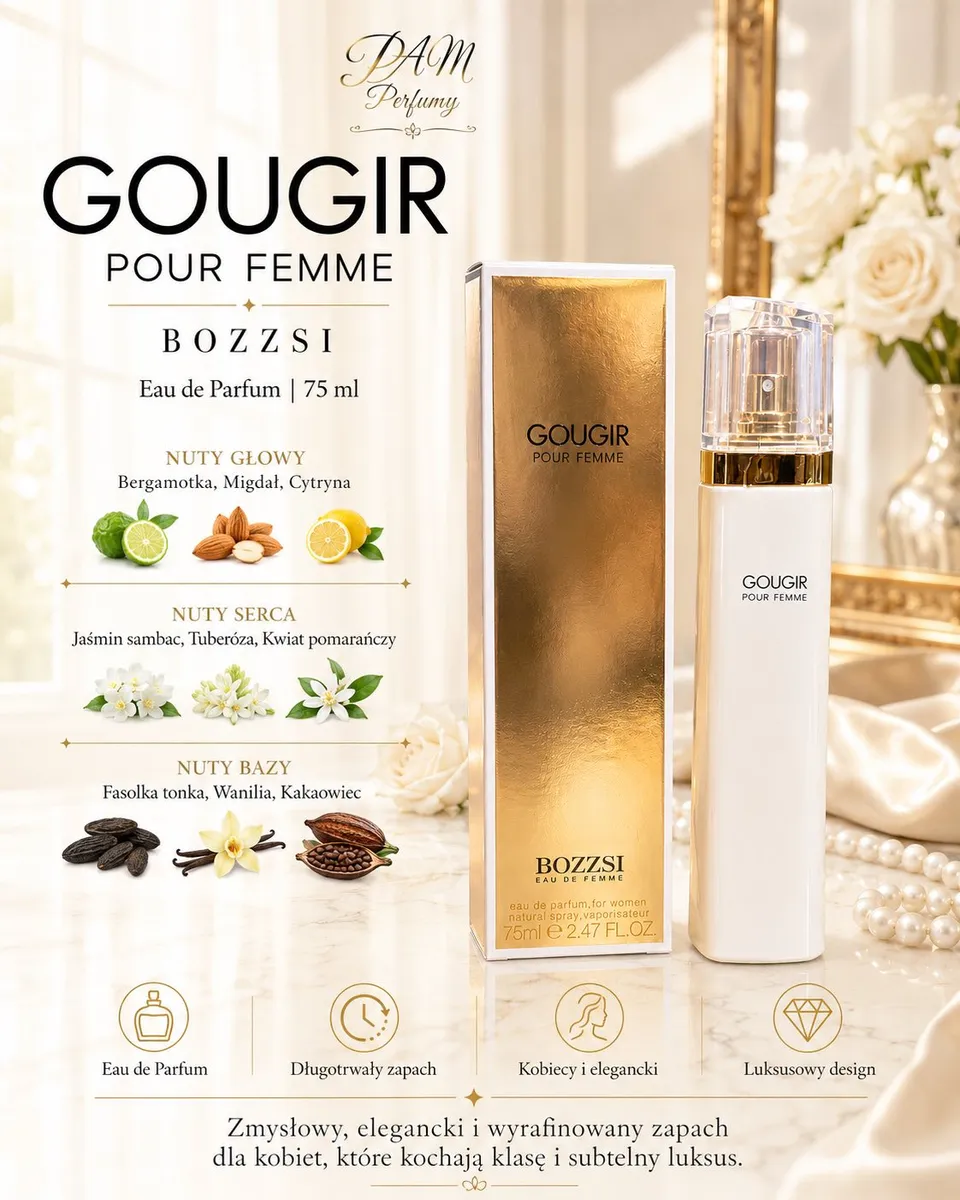 Perfumy damskie Gougir Pour Femme 75 ml z białym flakonem i złotym opakowaniem na marmurowym tle