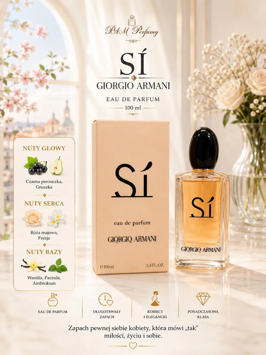 Butelka perfum Sí Giorgio Armani 100ml z beżowym opakowaniem i kwiatowym tłem