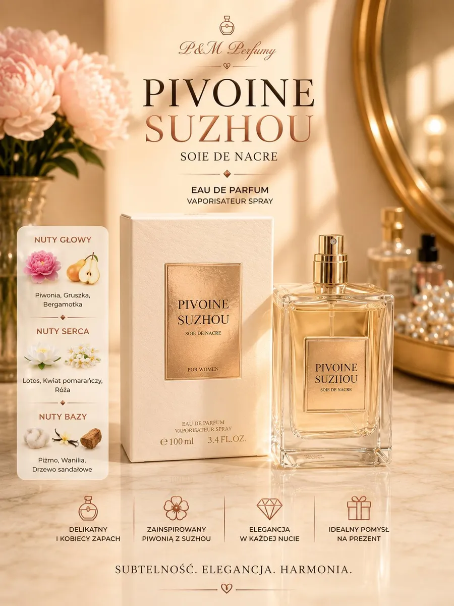 Perfumy PIVOINE SUZHOU 100ml z kremowym opakowaniem i złotym atomizerem na marmurowym blacie