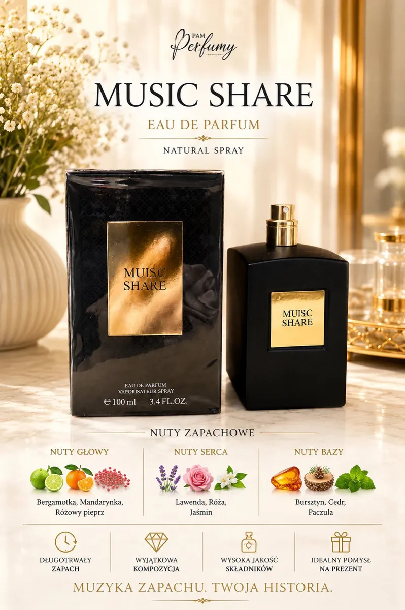 Perfumy Music Share 100ml czarny flakon i czarne opakowanie ze złotą etykietą na tle dekoracji