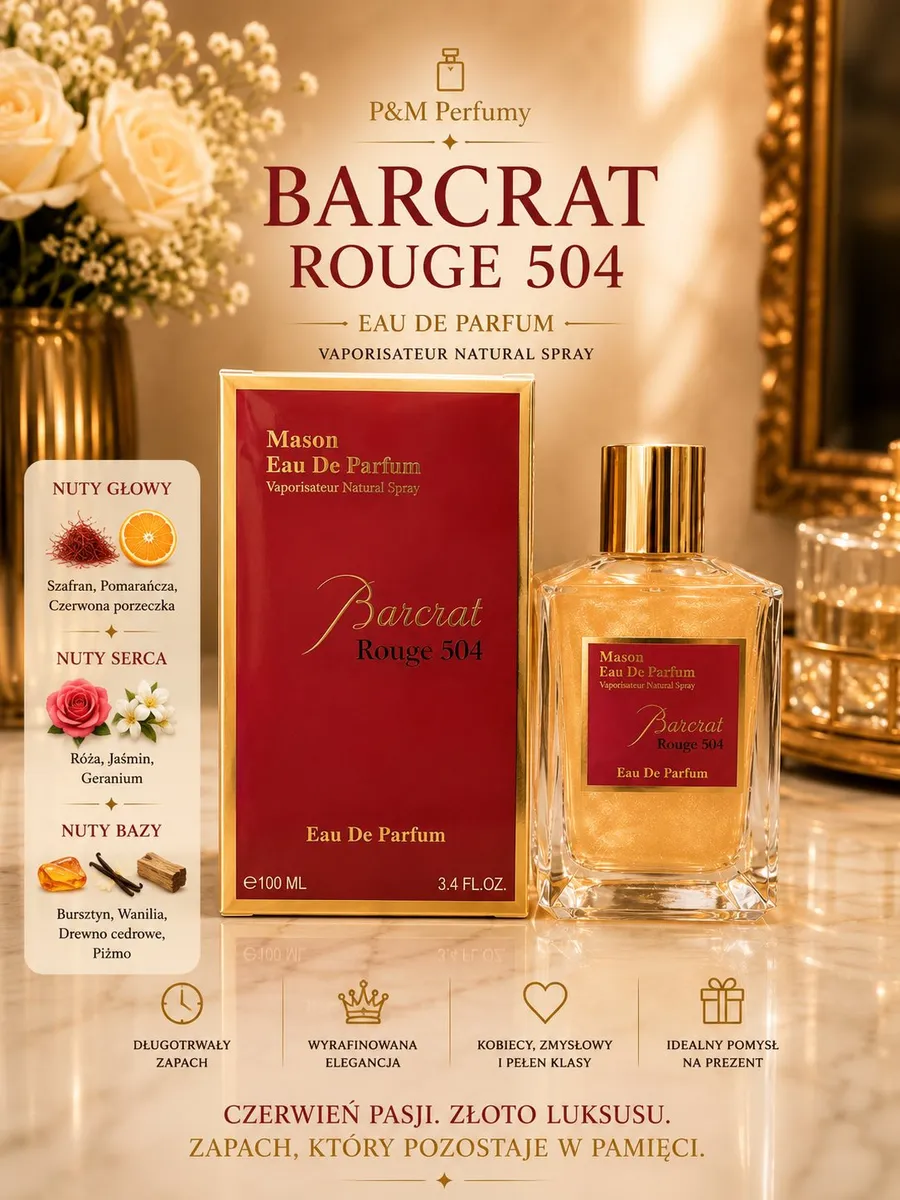 Perfumy Barcrat Rouge 504 w szklanej butelce i czerwonym opakowaniu z nutami zapachowymi