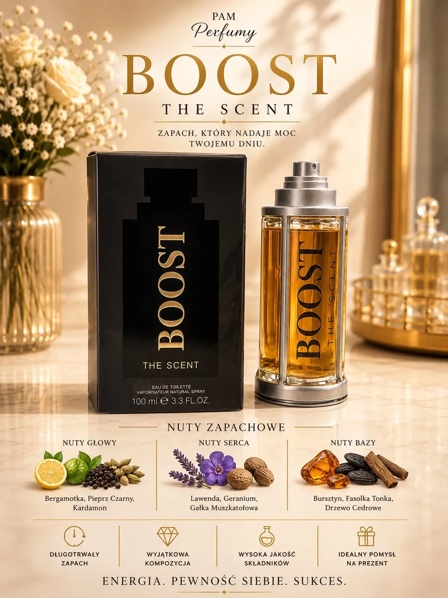 Perfumy BOOST The Scent 100ml z czarnym pudełkiem i szklanym flakonem na marmurowym blacie