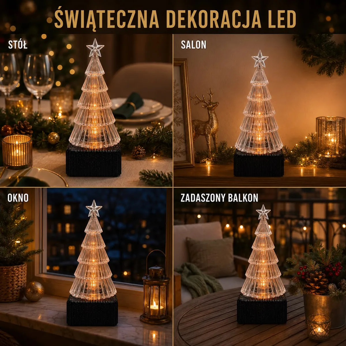 Przezroczysta choinka LED 15 cm z gwiazdą na czarnym podstawie świecąca ciepłym światłem w różnych aranżacjach