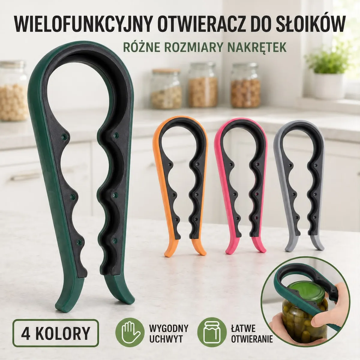 cztery wielofunkcyjne otwieracze do słoików w kolorach zielonym, pomarańczowym, różowym i szarym na kuchennym blacie