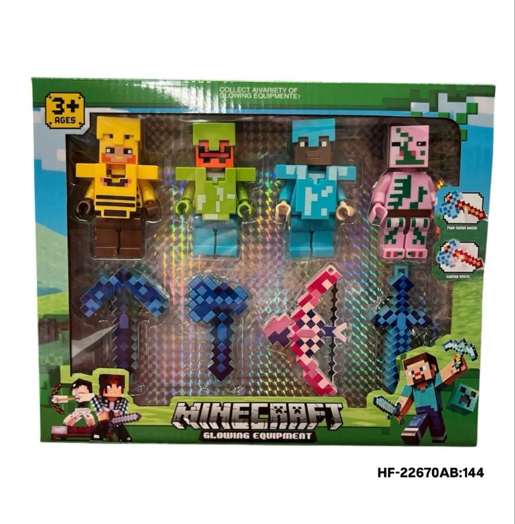 Zestaw czterech figurek Minecraft z bronią w opakowaniu z efektem holograficznym