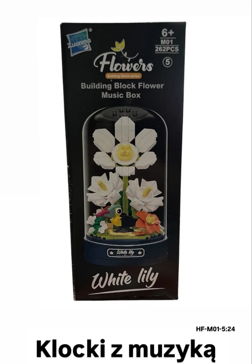 Opakowanie klocków muzycznych Flowers White Lily z białymi liliami i kolorowym ptakiem pod przezroczystą kopułą
