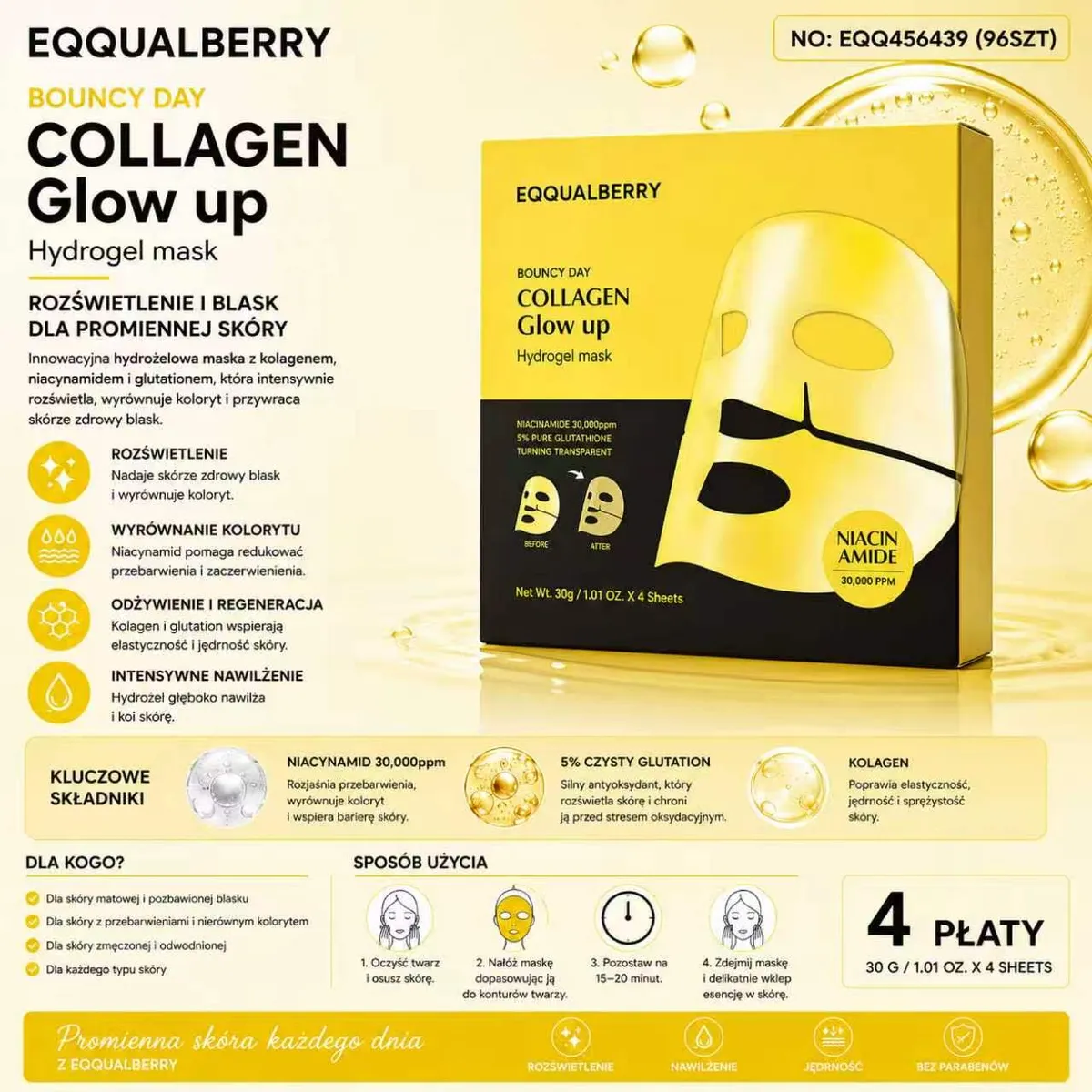 Opakowanie hydrożelowej maski EQQUALBERRY Collagen Glow Up w kolorze złoto-żółtym z czarnymi detalami
