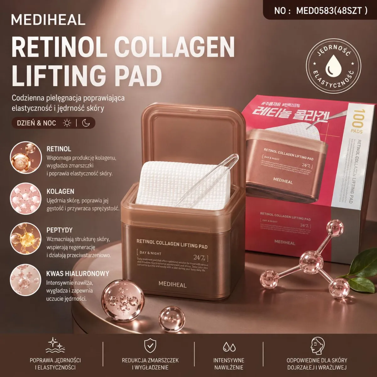 Brązowy pojemnik z białymi płatkami do twarzy MEDIHEAL Retinol Collagen Lifting Pad i opakowanie zewnętrzne