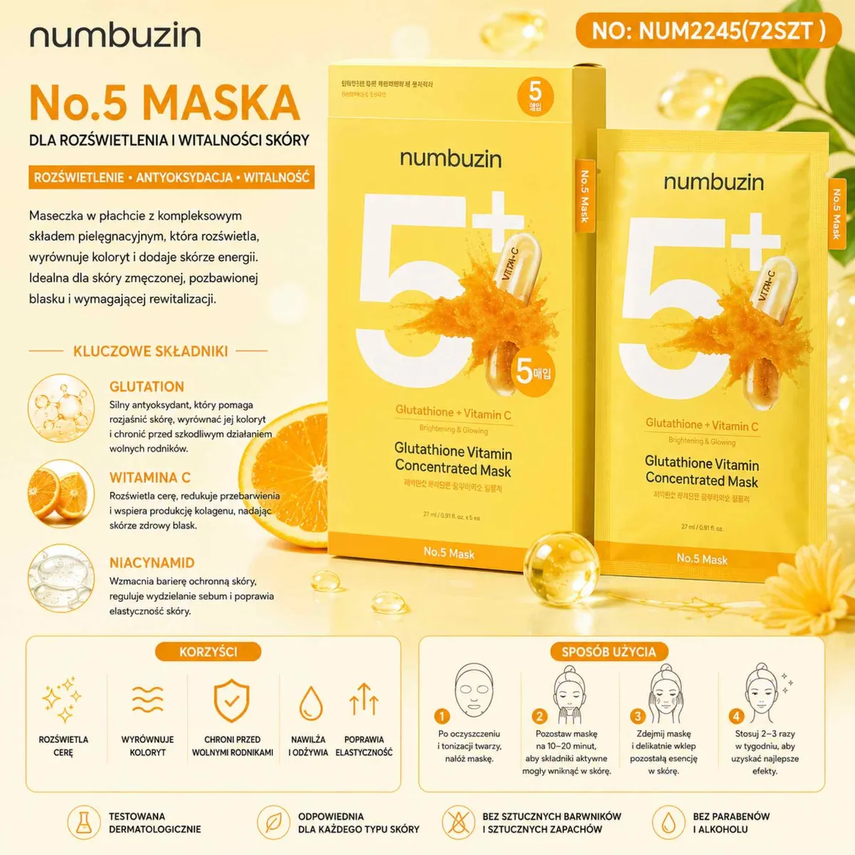 Żółte opakowanie i saszetka maski w płachcie Numbuzin No.5+ z grafiką witaminy C i napisem