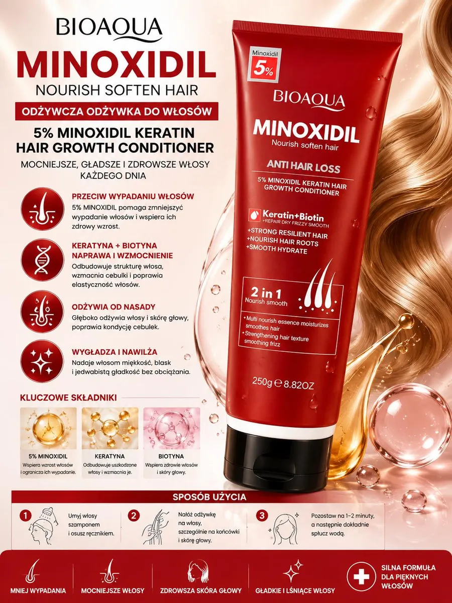Czerwone opakowanie odżywki BIOAQUA Minoxidil 5% Keratin 250g z czarną nakrętką i opisem działania