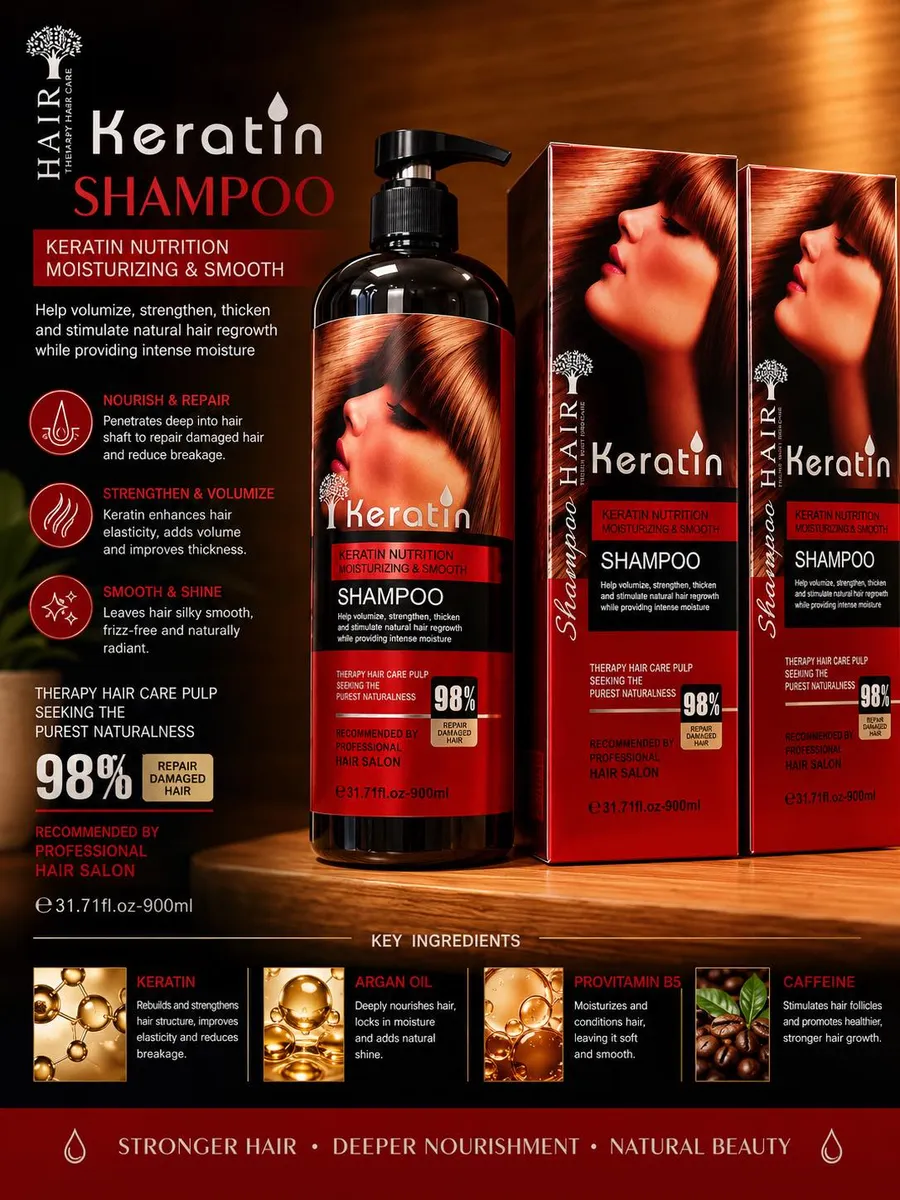 Butelka szamponu Keratin Nutrition Moisturizing & Smooth 900 ml z pompką i opakowania z grafiką kobiety z gładkimi włosami