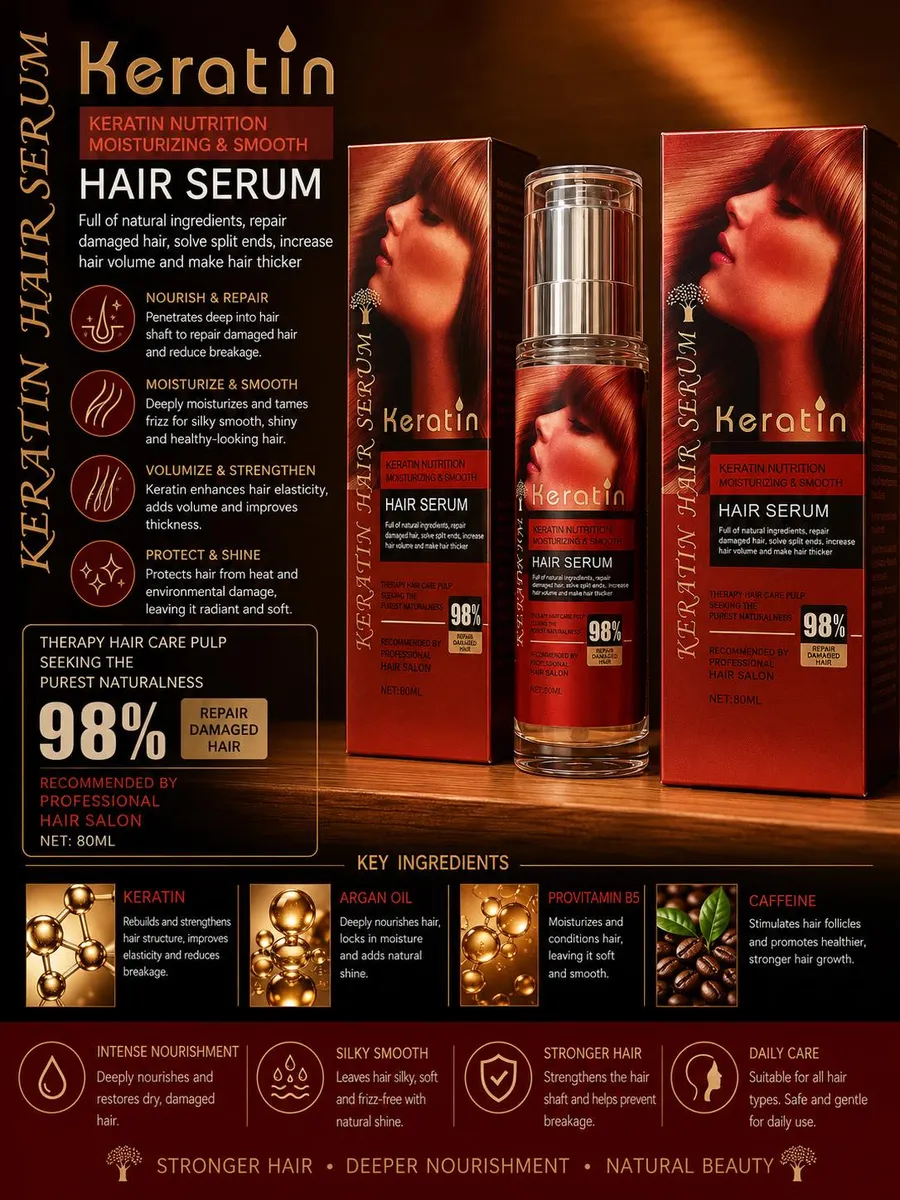 Bordowe opakowanie i butelka serum do włosów Keratin Nutrition 80 ml z dozownikiem pump