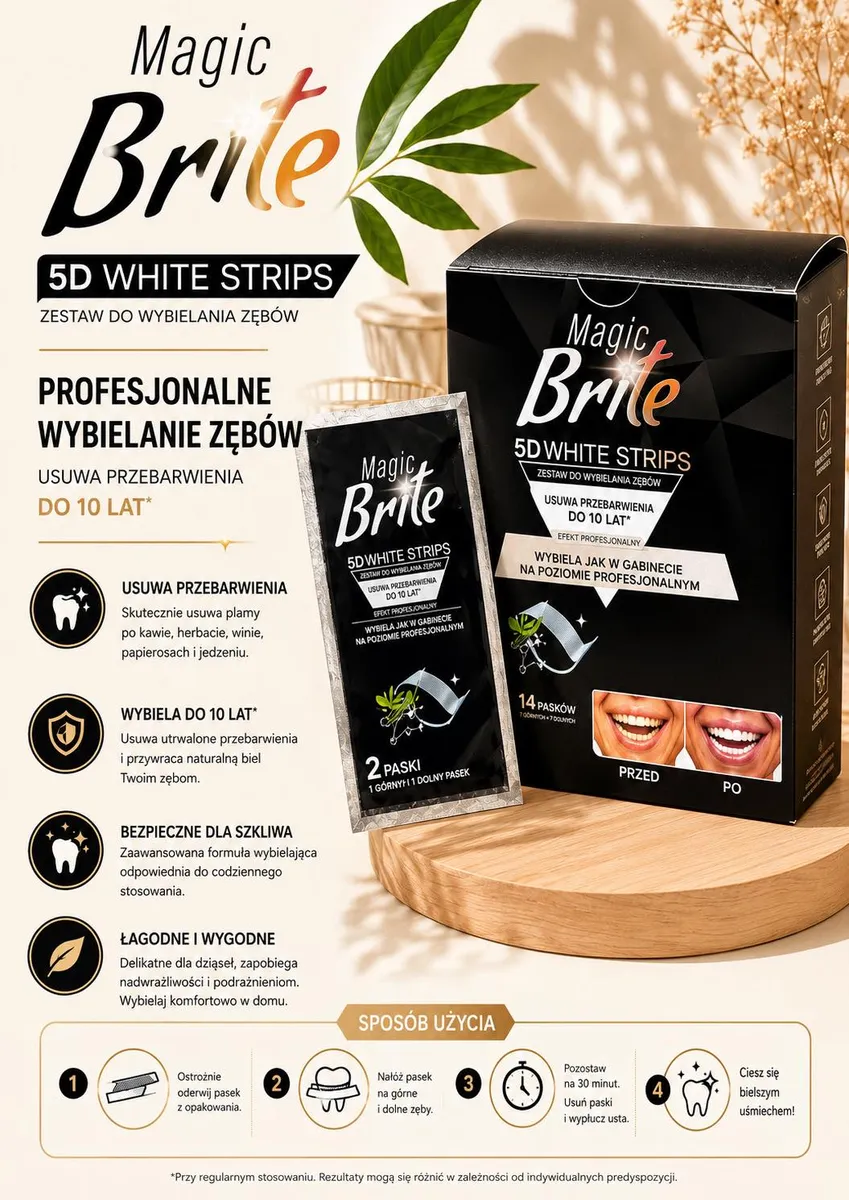 Czarne opakowanie Magic Brite 5D White Strips z 14 paskami do wybielania zębów i instrukcją użycia