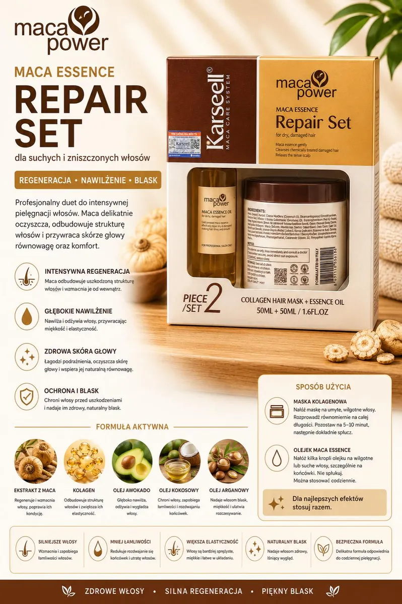 Zestaw Maca Essence Repair Set w złocisto-brązowym opakowaniu z maską i olejkiem do włosów