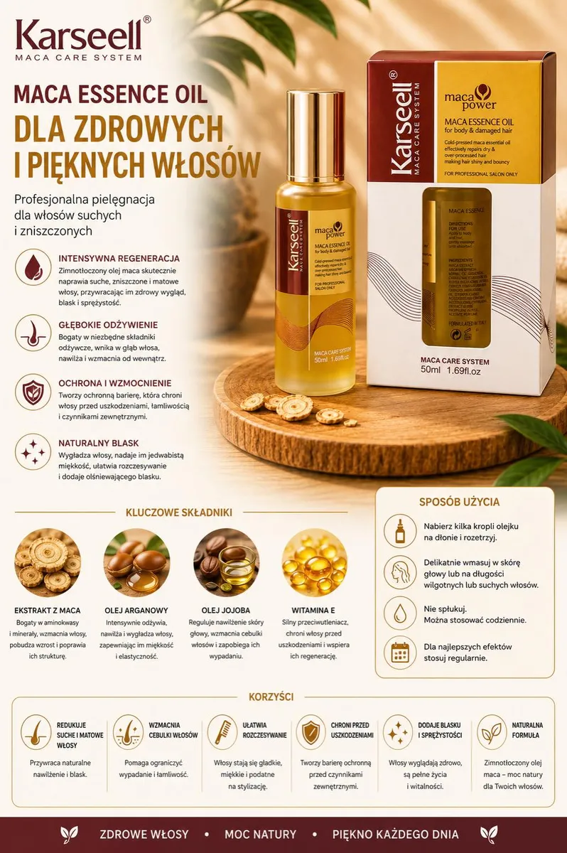 Butelka olejku Karseell Maca Essence Oil 50 ml z etykietą i opakowaniem na drewnianej podstawce