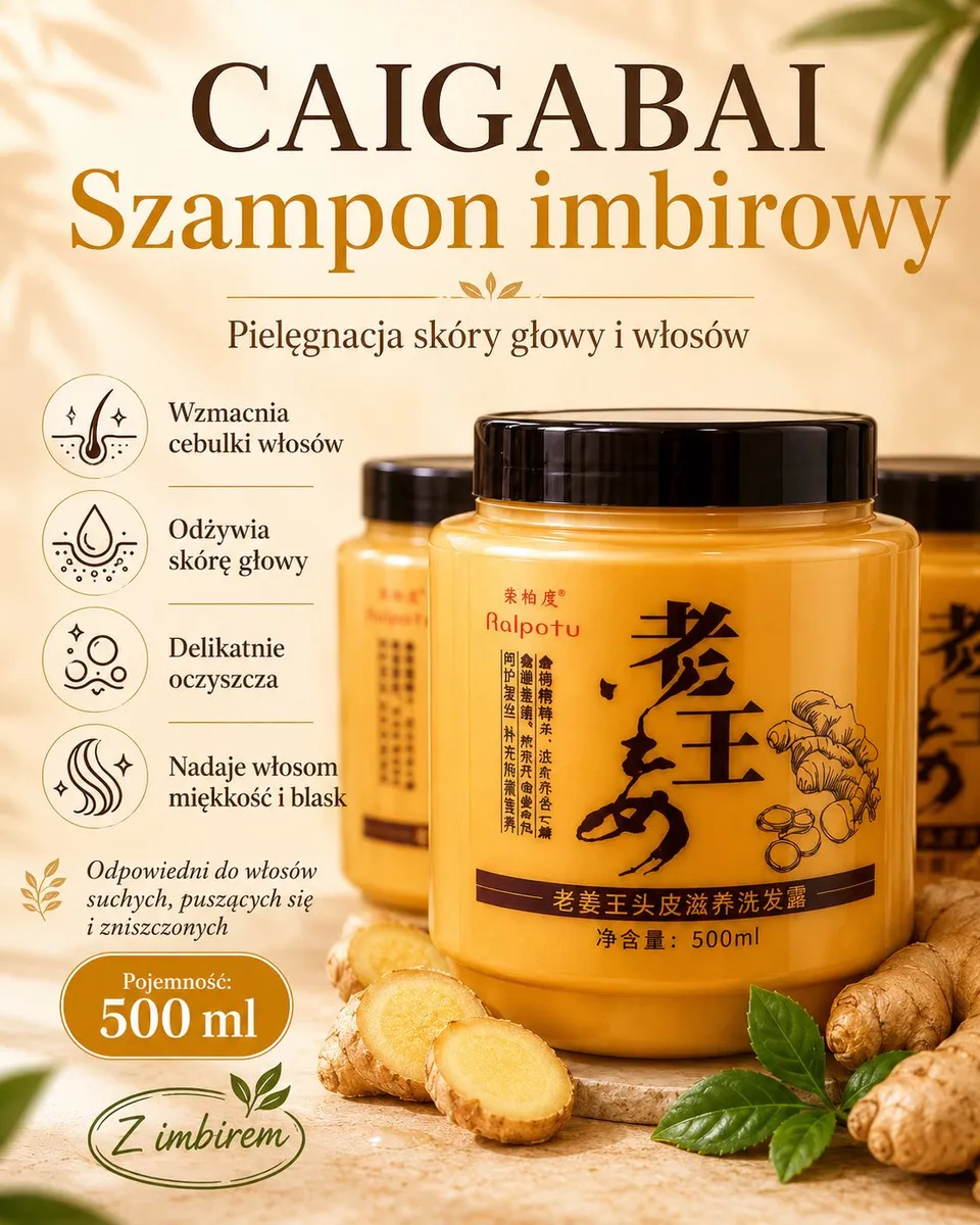 Kremowy słoik szamponu imbirowego CAIGABAI 500 ml z czarną zakrętką i plasterkami imbiru