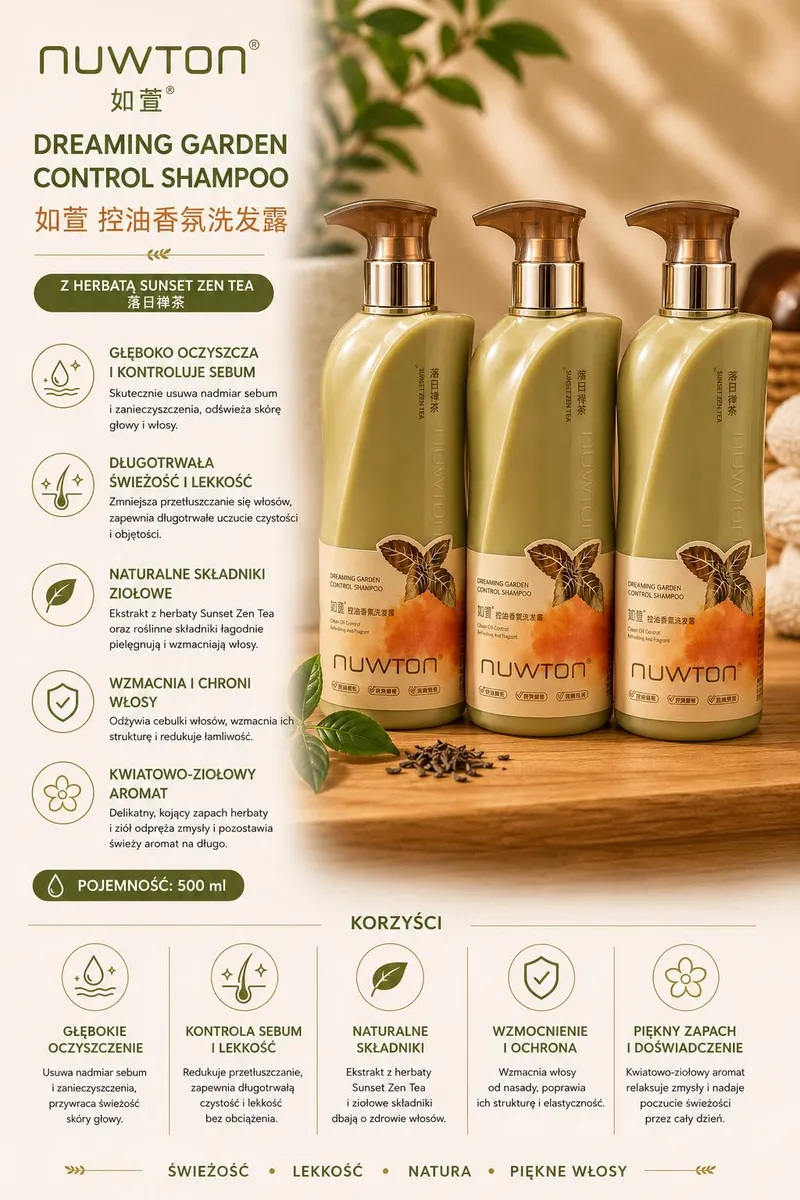 Trzy butelki szamponu NUWTON Dreaming Garden Control 500 ml w oliwkowo-zielonym opakowaniu z pomarańczową grafiką na drewnian