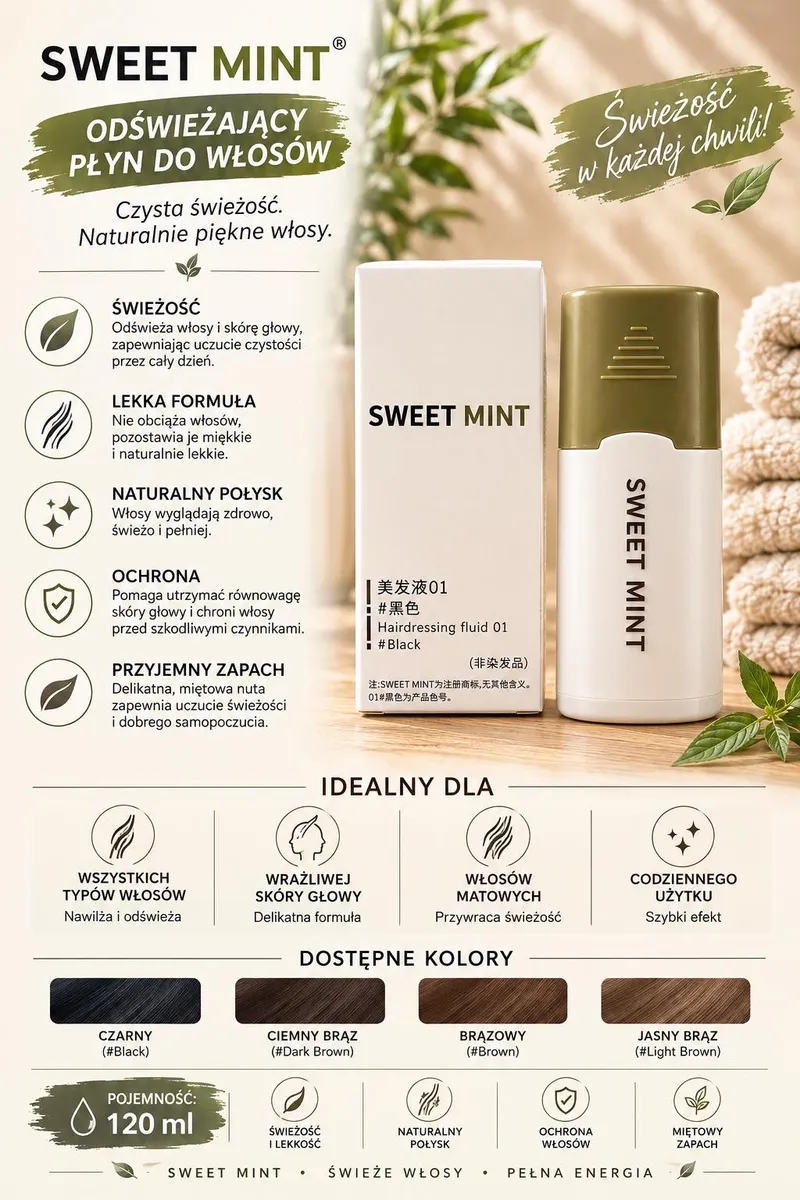 Biało-zielone opakowanie płynu Sweet Mint do włosów z napisem i listkami na tle naturalnym