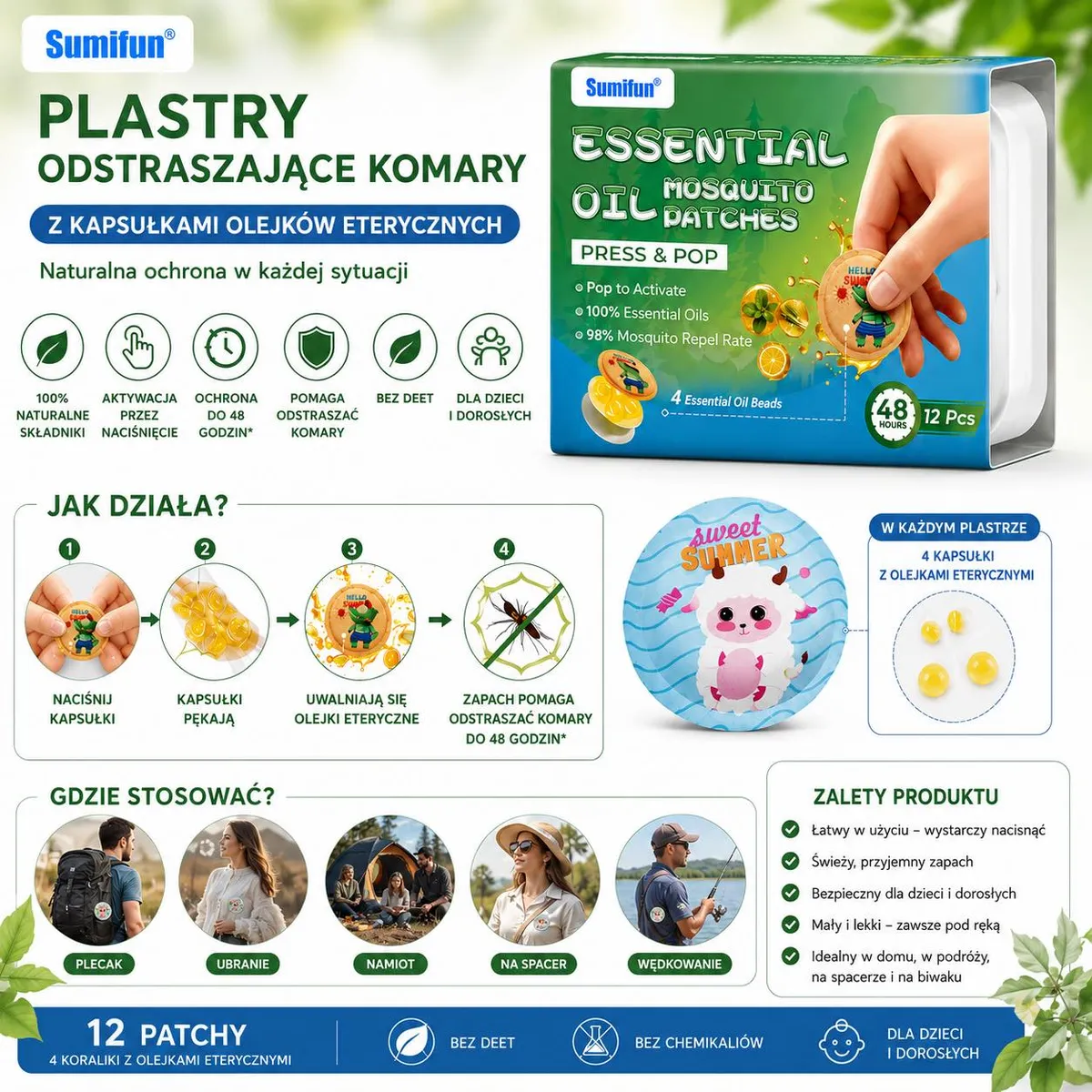 Opakowanie plastrów odstraszających komary Sumifun z ilustracją ręki naciskającej plaster i opisem działania