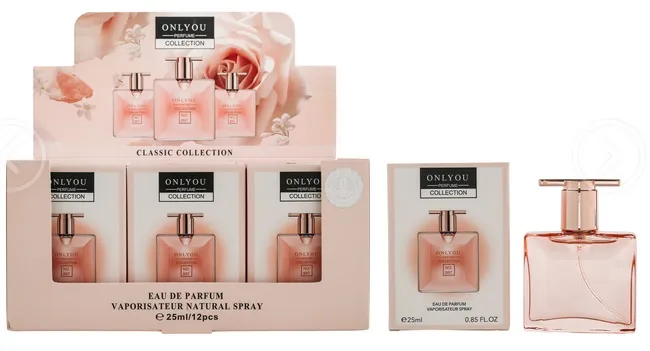 Różowy flakon perfum Onlyou Classic Collection 25ml oraz opakowanie zbiorcze 12 sztuk